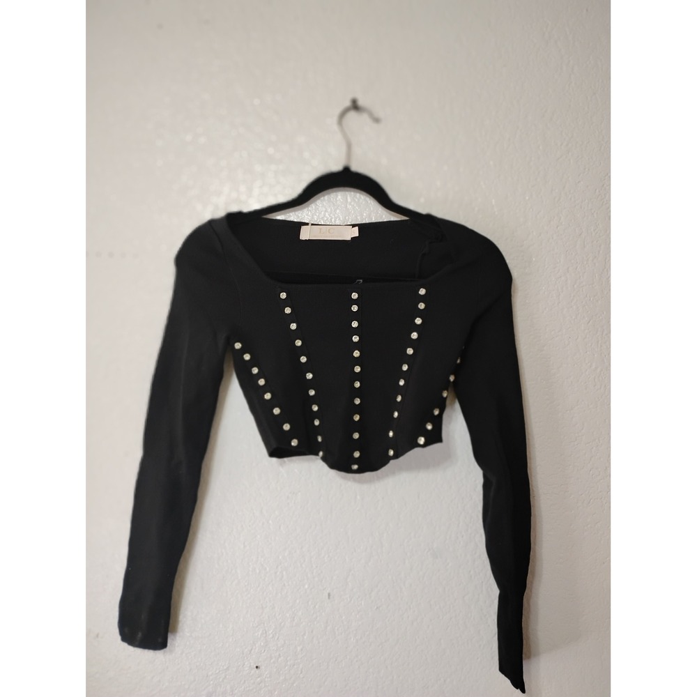 Lizette Collection Black Rhinestone Corset Ribbed Crop Top Long Sleeve S (35)